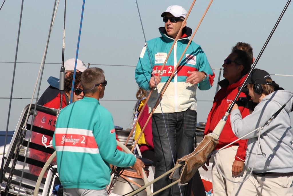 1989/90 Steinlager crew member Glen Sowry (standing) gives Mark Orams (wheel) some tactical advice aboard during crew selection trials for the 2017 Volvo Ocean Race aboard Steinlager 2   © Richard Gladwell www.photosport.co.nz